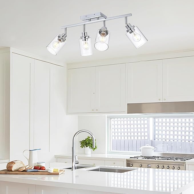 4-Light Track Lighting Kit Ceiling Kitchen Track Lighting Fixtures Chrome Bathroom Vanity Wall Lights with Clear Glass Multi-Directional Rotating Tracking Light Heads Spotlight for Accent Shop