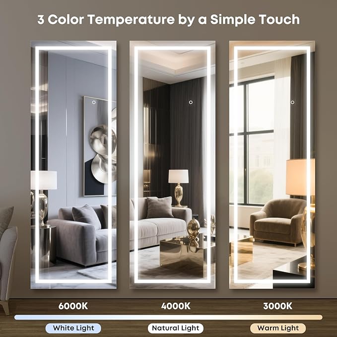 Kosmonia 65x22 Frameless Full Length Mirror, Dimmable 3 Color LED Light w/Memory Function, Distortion Free, HD Reflection & Anti Desilvering, Tempered Glass & Shatter Proof Film Doubling Safety