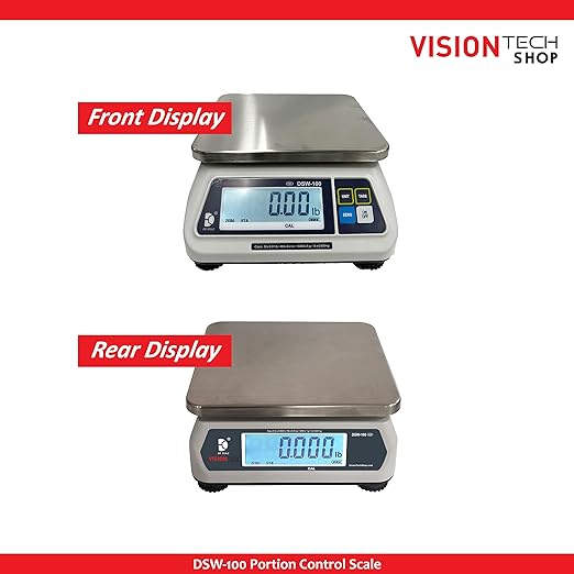 VisionTechShop DSW-100 Portion Food Scale with Dual LCD Display, Stainless Steel Platter, 15lb Capacity, 0.005lb Readability, Lb/Oz/Kg/g Switchable, Low Profile Design, NTEP COC #22-007, NSF Certified