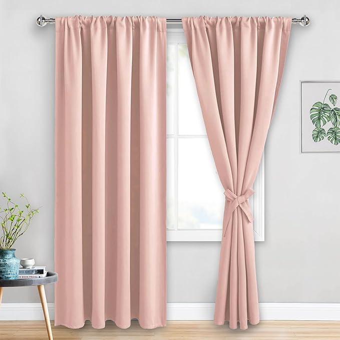 JIUZHEN Blush Pink Blackout Curtains for Bedroom - Thermal Insulated Room Darkening Noise Reducing, 52 x 84 Inch Length Curtains for Living Room, Set of 2 Panels with Tiebacks, Blush Pink