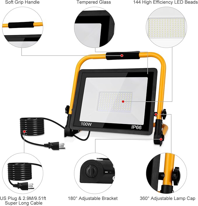 T-SUN 100W LED Work Light, Outdoor Waterproof Flood Light, Adjustable Portable Work Lights with with Plug, LED Work Light for Workshop, Job Site Emergency, Garage, Construction Site