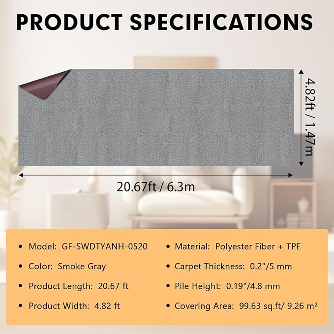 Marine Carpet,5 FT x 20 FT Smoke Gray Indoor Outdoor Carpet 0.2" Thick Boat Carpet with Water-Proof TPE Backing, Non-Slide Outdoor Marine Carpet Roll for Home, Patio, Porch, Deck