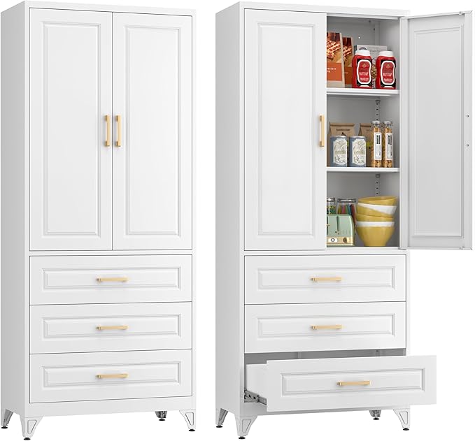 Kitchen Pantry Cabinet, 75" Tall Pantry Cabinet with Three Drawers, Metal Storage Cabinets with Doors and Shelves, Freestanding Food Cupboard for Dining, Living Room, White, Assembly Required