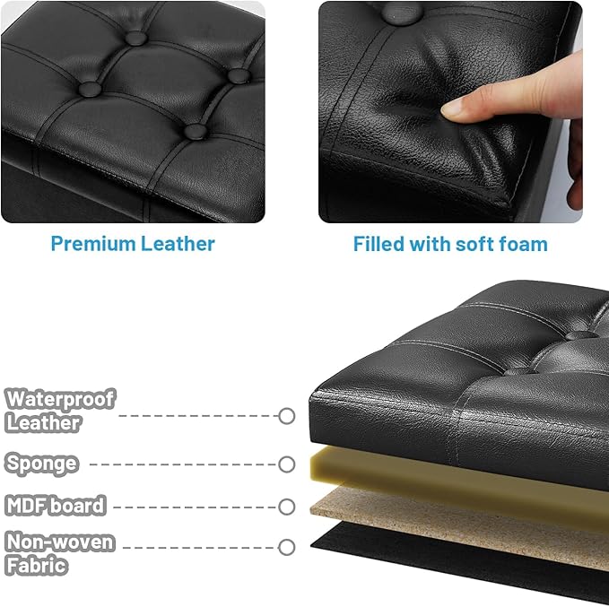 Storage Ottoman Foot Rest Stool, Small Leather Storage Ottomans Bench, Folding Footstool with Side Pockets, Foot Rest Under Desk for Living Room Bedroom, 16x12x12 in, Black