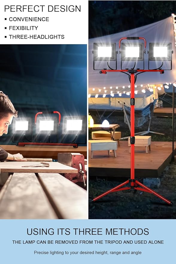 LEDMO 30000LM LED Work Lights with Stand 3 Adjustable Head Led Work Shop Flood Lights Indoor and Outdoor 150W 6000K Portable Tripod IP65 Waterproof 10Ft Power Cord for Job Stie,Yard,Garage 2 Pack