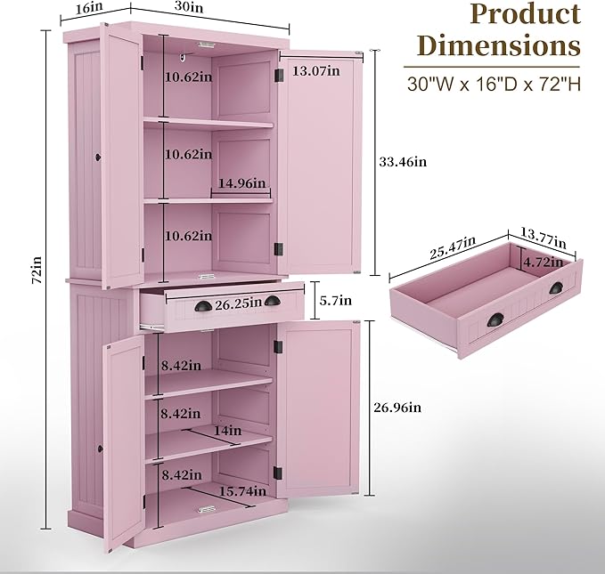 ARTPOWER 72" Tall Kitchen Pantry Storage Cabinet with Drawer and Adjustable Shelves, Pantry Cabinet for Kitchen, Bathroom or Hallway, Pink