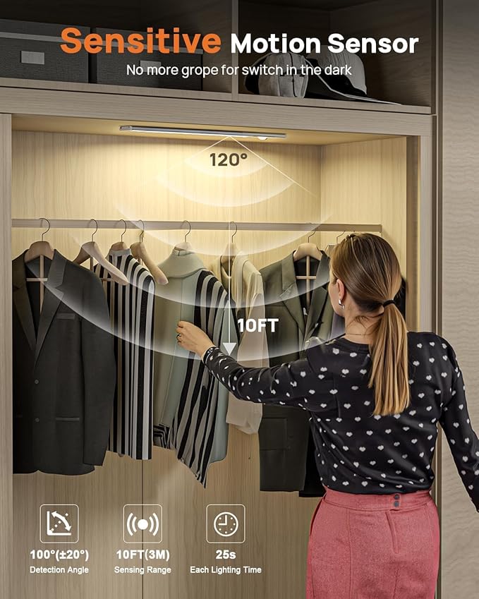 Under Cabinet Lights,80 LED Motion Sensor Light Indoor,4000mAh USB Rechargeable Closet Lights with Remote Control,3 Color Temps Wireless Under Counter Lights for Bedroom,Kitchen,Wardrobe,Stair
