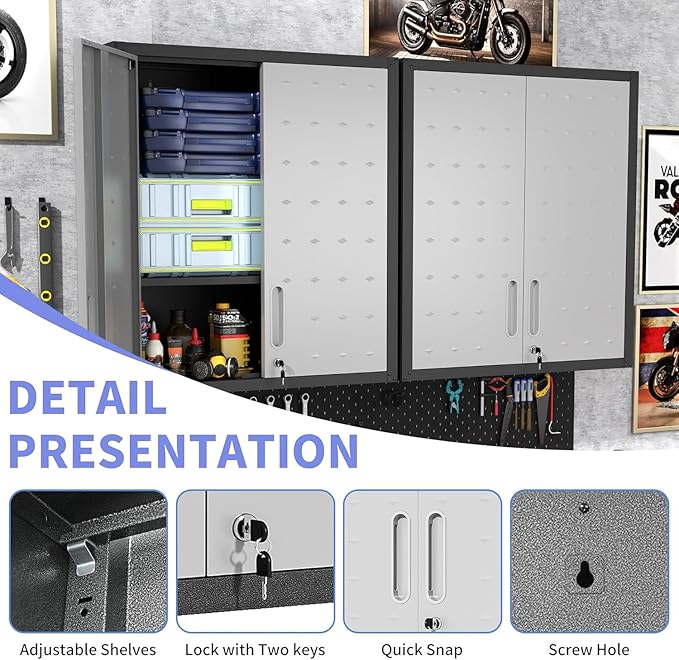 Metal Garage Wall Cabinet with Lock, Wall Mounted Metal Storage Cabinets with Doors and Shelf, Lockable Floating Tool Storage for Garage Basement Utility Room