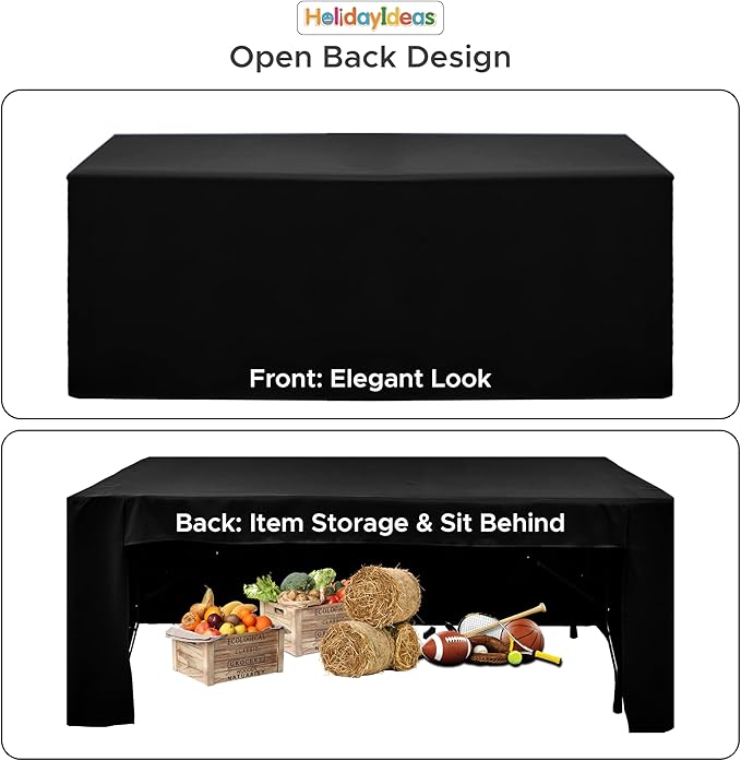 HolidayIdeas Open Back Fitted Black 8ft Table Cloths for Rectangle Table, Wrinkle Resistant Washable Table Cover 30x96 Inch for Craft Fairs, Banquet, Trade Show, 4 Pcs