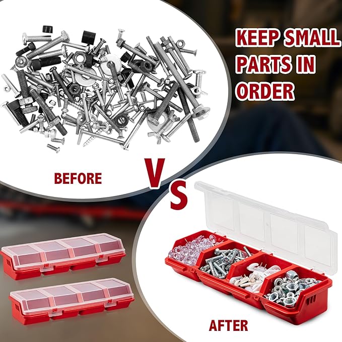 Hushee 4 Pcs Screw Organizer Box with Lid 4 Compartments Tool Bin Divider Plastic Stackable Hardware Organizer Small Part Storage Sorting Screw Box for Garage Workbench Craft Storage (Red)