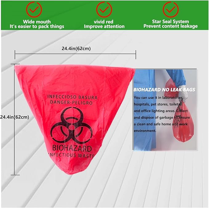 20 Count 24.4inx24.4in Biohazard Waste Bags, 10-Gallon Safe Infectious Waste Disposal Bags,Red Trash Liner,No Leak Bags, Medical Grade