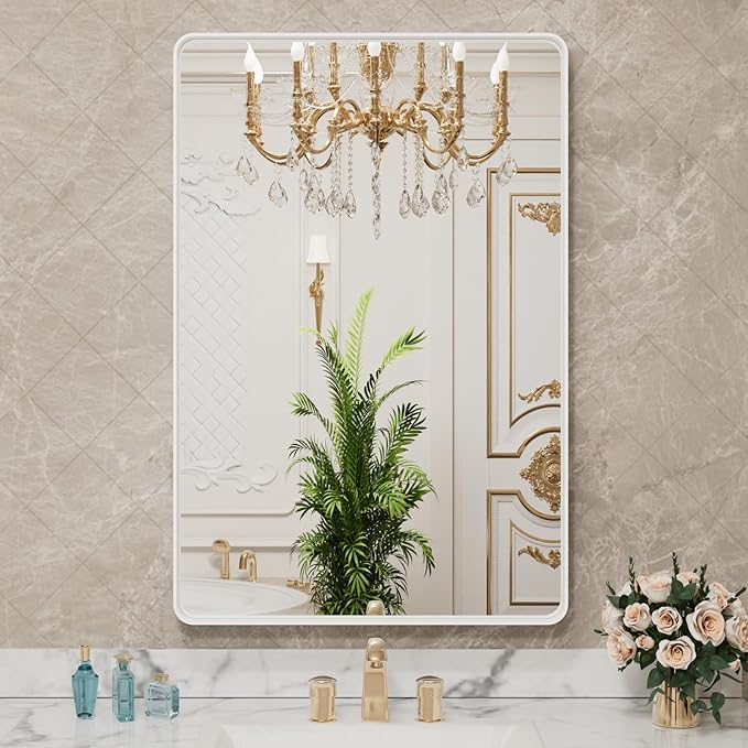 LOAAO 20x30 Inch White Metal Framed Bathroom Mirror for Wall, White Bathroom Vanity Mirror Farmhouse, Large Rounded Rectangle Mirror, Anti-Rust, Hangs Horizontally or Vertically