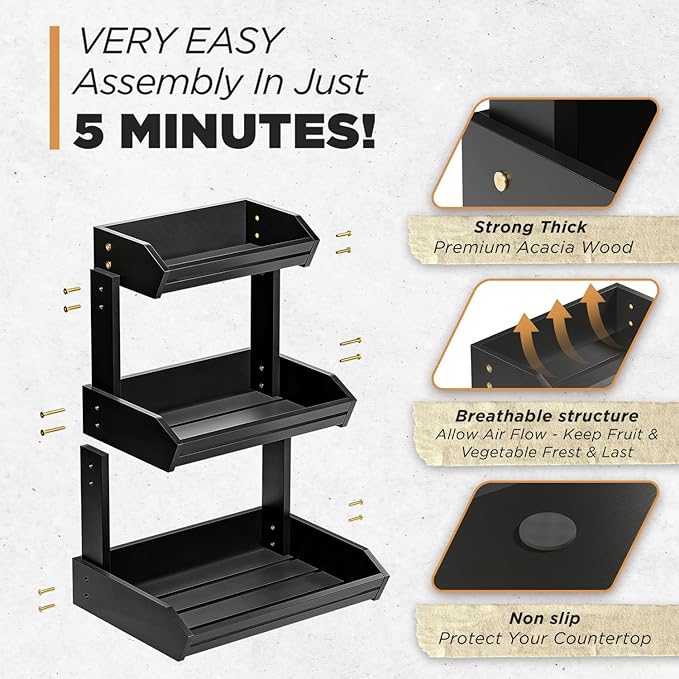 HOLANA Acacia 3 Tier Fruit Basket for Counter – Wooden Fruit Bowl for Kitchen Counter Organizer, Produce Storage Wooden Basket, Snack Organizer for Countertop & Kitchen Counter Storage (Black)