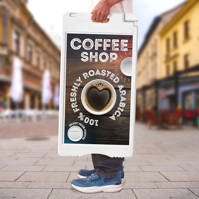 Jumbl A-Frame Signboard 15.7” x 26” Display Surface – Small Outdoor Sandwich Board w/Weather Resistant PVC Sign Protector & Sand Fill Holes – Dual Signage Stand for Storefront Sidewalk Curb (White)