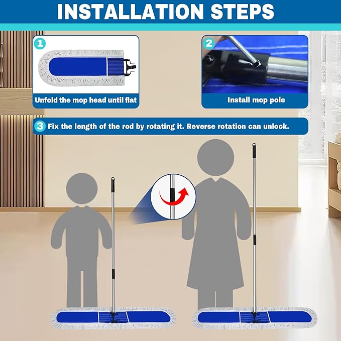 48 inch Commercial Dust Mop for Hardwood Floors, Large Size Dry Mop, Reusable Cotton Yarn Head, Telescopic Stainless Steel Handle, Industrial dust mops for Floor Cleaning, Marble, Blue