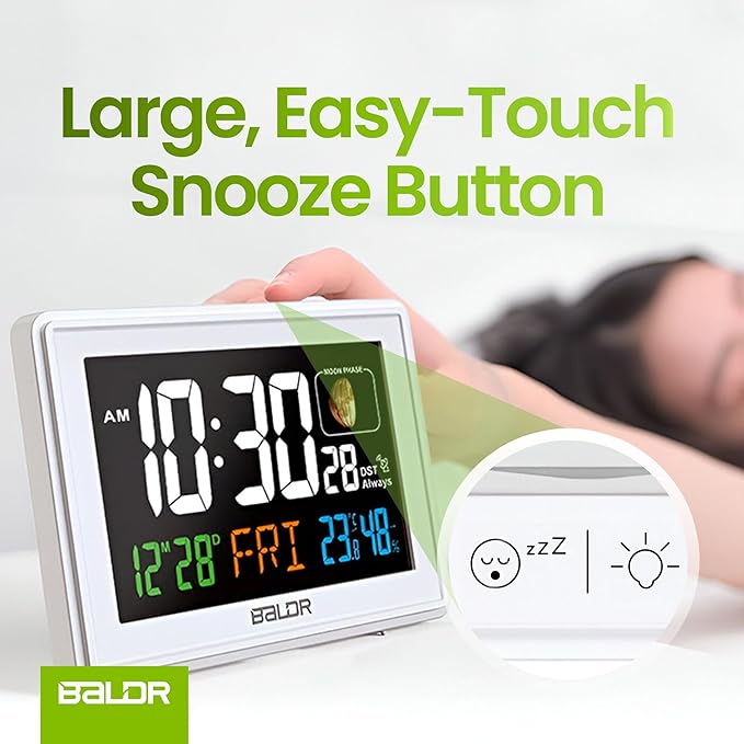 Baldr Atomic Clocks for Bedrooms Digital Large Display - White - Desk Clock with Temperature Indoor and Humidity, Night Stand Clock, Moon Phase Clock, Alarm Clocks for Living Room, Digital Clock Wall