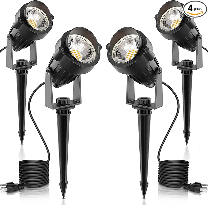 L LOHAS LED Landscape Lighting Outdoor, Spotlights for Yard Pathway Garden IP66 Waterproof, Dusk to Dawn Light Sensor, 120V 5W 450LM Yard Flood Light with 3-Plug, 3000K Warm White, UL Listed, 4Pack