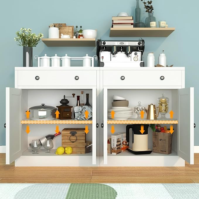 BESFUR Buffet Metal Cabinet with Storage 32”,White Sideboard Farmhouse Storage Cabinet with Adjustable Shelves, 2 Drawer and 4 Doors for Entryway Living Room, Bathroom, Kitchen,Home Office,Apartment