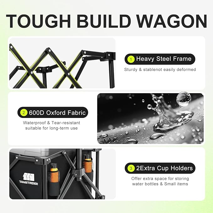 Collapsible Wagon with Wheels,Wagons Carts Foldable Wagon Cart with Flexible Handle, Lightweight Portable Folding Utility Grocery Shopping Cart for Grocery Sports Garden Camping(Black)
