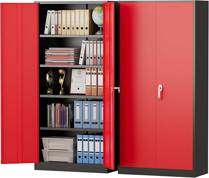 Pataku Metal Storage Cabinet, 72" Garage Cabinet with Doors and Shelves Lockable Steel Multifunctional Cabinets, File Cabinets for Home, Office, Warehouse(Black Red)