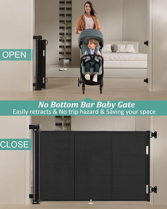 71 inch Retractable Baby Gates 34 inch Tall, Retractable Gate with Reinforced Strip Design to Prevent Crawling Through, 6 FT Retractable Dog Gate for Stairs, Doorways, Hallways, Indoor/Outdoor