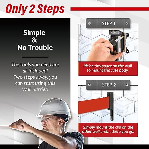 DuraSteel Wall Mount Retractable Belt Barrier - 9.2 Ft Red Belt in Sturdy Stainless Steel Case - Guardian 1.0 Indoor & Outdoor Do Not Cross Caution Tape for Crowd Control Queue Barrier, Line Divider