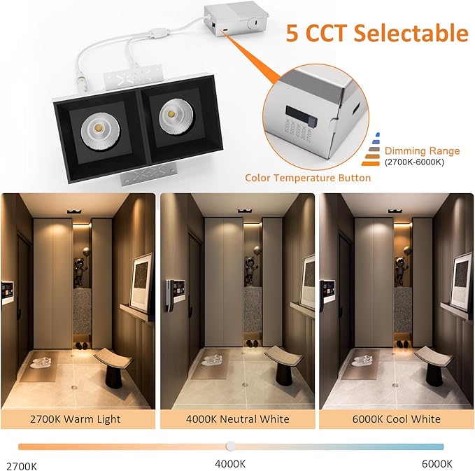 LED Square Recessed Lighting 16 Pack, 24W Aluminum Trimless Downlight, Adjustable Ceiling Light with junction Box, 5 CCT 2700K-6000K, TRIAC Dimming Rotation Spotlight for Living Room Bedroom