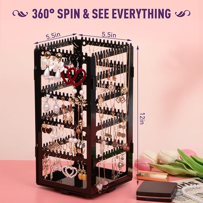 360° Rotating Jewelry Organizer Stand with 5 Layers,Acrylic Earring Holder Organizer Stand,228 Holes and 232 Grooves for Studs,Dangly Earrings,Chains,Bracelets,Necklace