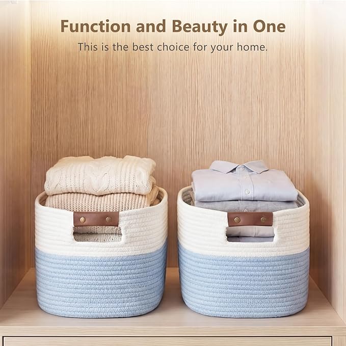 Cotton Rope Basket, Storage Baskets with Handle, 15x10x9 Inch Woven Basket for Shelves, Laundry, Towels, Clothes, Books (White/Blue 1Pack)