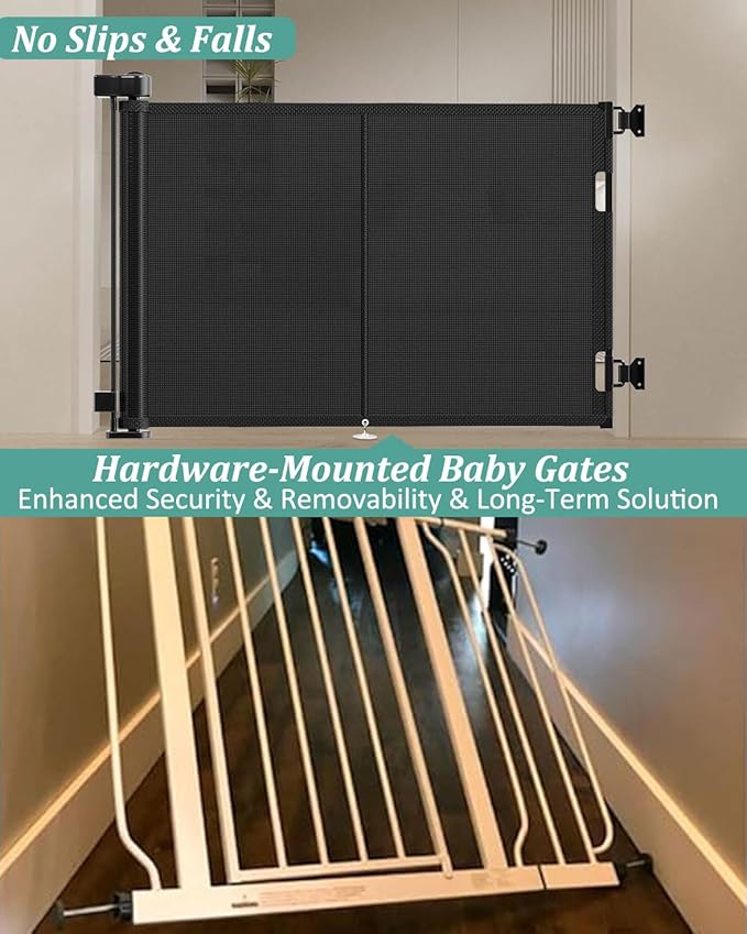 59 inch Retractable Baby Gates 34 inch Tall, Retractable Gate with Reinforced Strip Design to Prevent Crawling Through, 5 FT Retractable Dog Gate for Stairs, Doorways, Hallways, Indoor/Outdoor