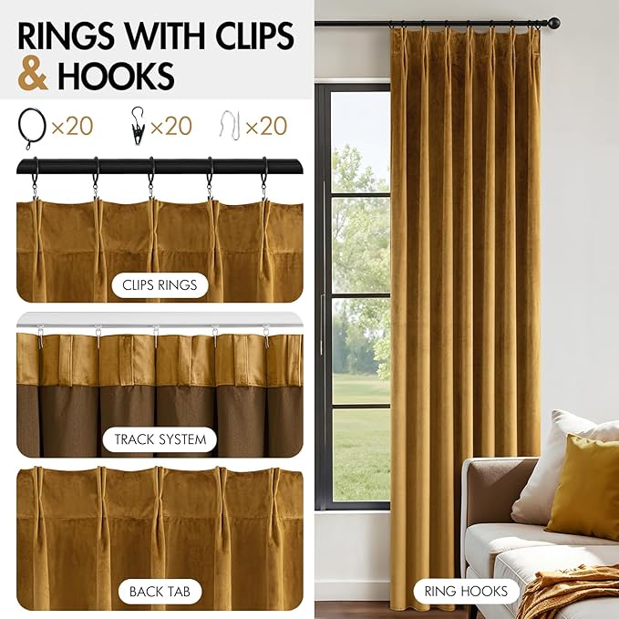 MIULEE Gold Velvet Blackout Curtains 84 inches Long, Pinch Pleated Drapes with Hooks, Thermal Insulated Pleat Design Luxury Panels for Living Room Bedroom, Set of 2