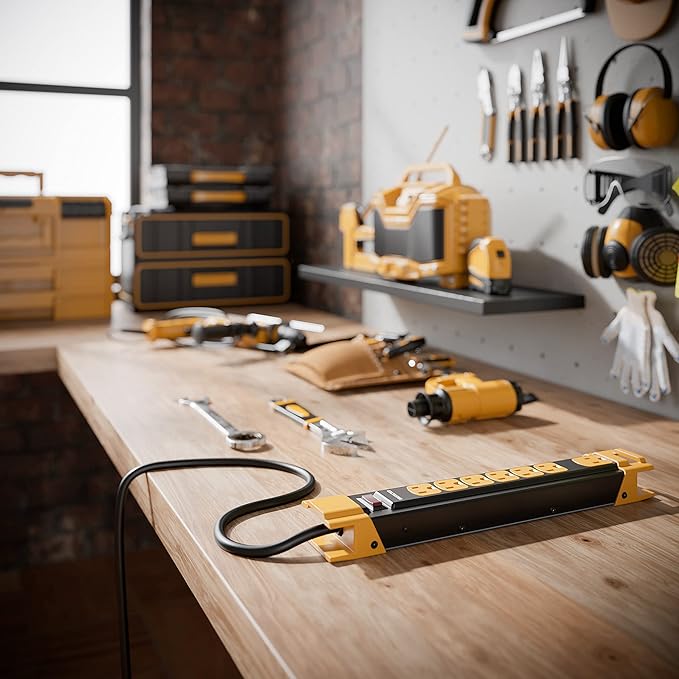 Oviitech Heavy Duty Power Strip Surge Protector with 15A, 7 Outlets Metal Multiple 900 Joules Industrial Shop Workshop 6FT Extension Cord, Yellow&Black