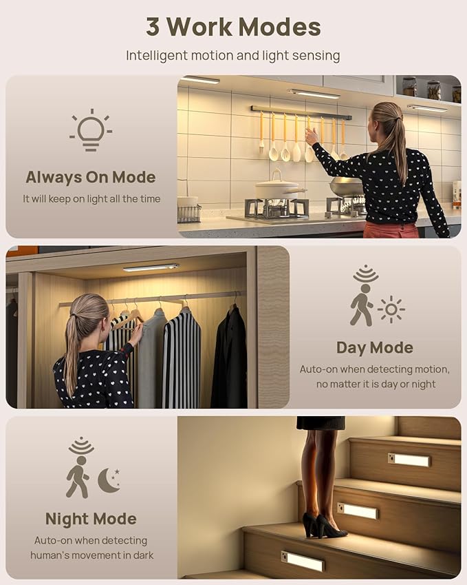 Under Cabinet Lights Wireless,Motion Sensor Light Indoor Closet Lights with Remote Control,3 Color Temps,LED Rechargeable Battery Operated,Under Counter Lights for Kitchen,Wardrobe,Pantry,Bedroom