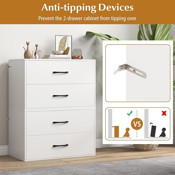 POWERSTONE 2 Drawers Storage Cabinets, Wooden Dresser Organizer, Under Desk Storage for Living Room, Bedroom, Home Office, White