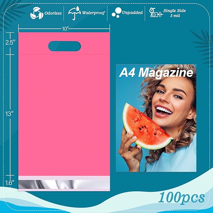 JinRuiKJ Poly Mailers with Handle 10x13 Inch 100 Pcs, Easy to Carry Packaging Bags for Small Business, Thank You Shipping Bags with Self Adhesive Strip, Tearproof and Waterproof - Pink
