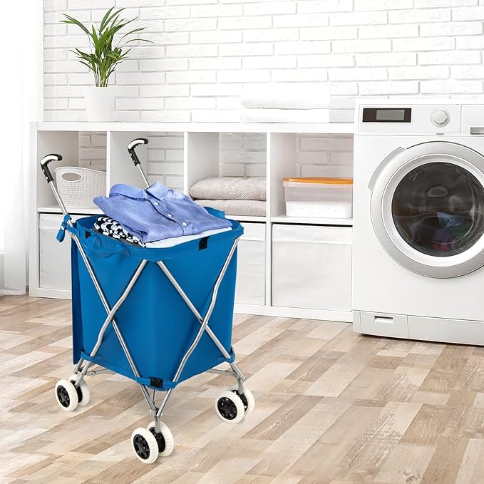 Goplus Folding Shopping Cart with Wheels, Grocery Cart with Removable Oxford Cloth Liner, Lightweight Utility Cart for Groceries Laundry Blue