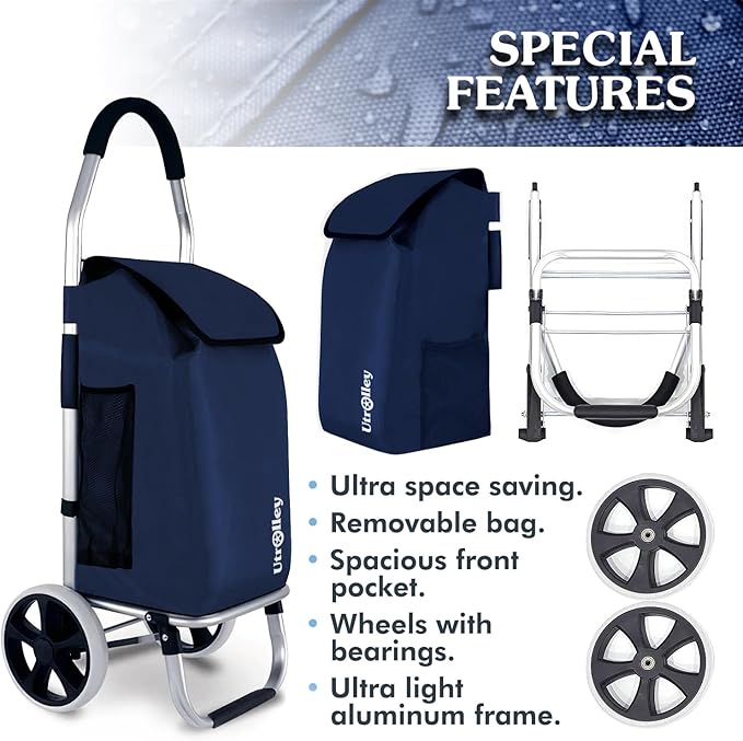 Ultra-Lightweight Foldable Grocery Cart with 40L Capacity, Soft Rolling Wheels, Removable Insulated Bag – Multi-Purpose Personal Hand Truck (Blue)
