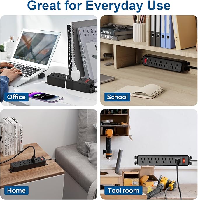Wall Mount Power Strip,Flat Plug Power Strip with Switch,6ft Extension Cord,6 Outlets, Flexible Installation for Home, Office,and School,ETL Listed,Black (6ft,6 outlets)
