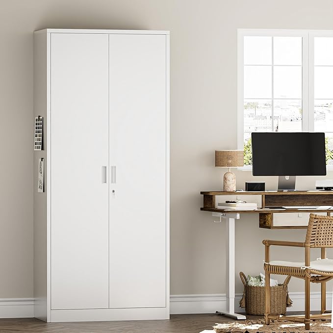 Steel SnapIt Cabinet, 71 Inch Metal Storage Cabinet with Locking Doors and 5 Adjustable Shelves, Garage Cabinet, Tool Cabinets for Office and Home Use (White)