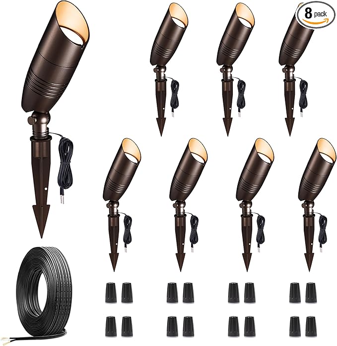 Outdoor Landscape Lighting Kit, 8 Pack Spotlights and 100FT Cable and 30 Wire Connectors, 3CCT Aluminum ORB LED Spotlight, Perfect for Porch Backyard Fence, Without Transformer