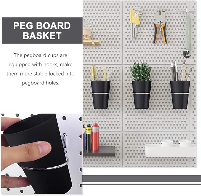 Garneck 5 Sets Pegboard Cup and Hook Organizer Set for Garage Workshop Office Black Pegboard Accessories with Sturdy Load-Bearing Cups for Small Tool Storage Easy No-Drill Installation for