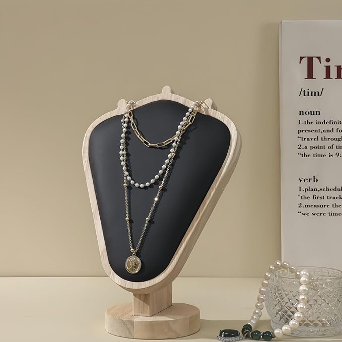 Natural Body Wood Necklace Display Stand with Black Leather Soft Mat Necklace Holder Organizer Desktop Stand for Home Store Dresser-3.3"x5.8"x8.4"