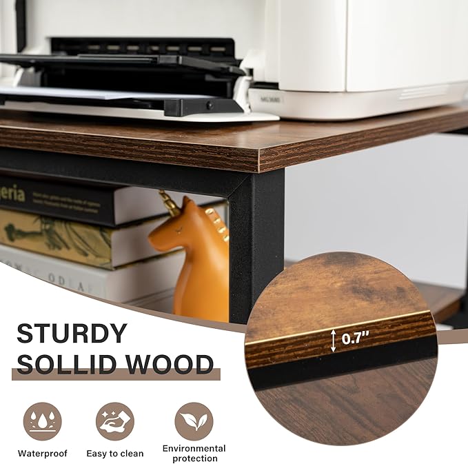 Under Desk Printer Stand - 2-Tier Industrial Mobile Printer Table with Storage Shelf, 19.7''x19.7''x12.6'' Heavy Duty Wood Rolling Printer Cart with Wheels for Home and Office,Rustic Brown