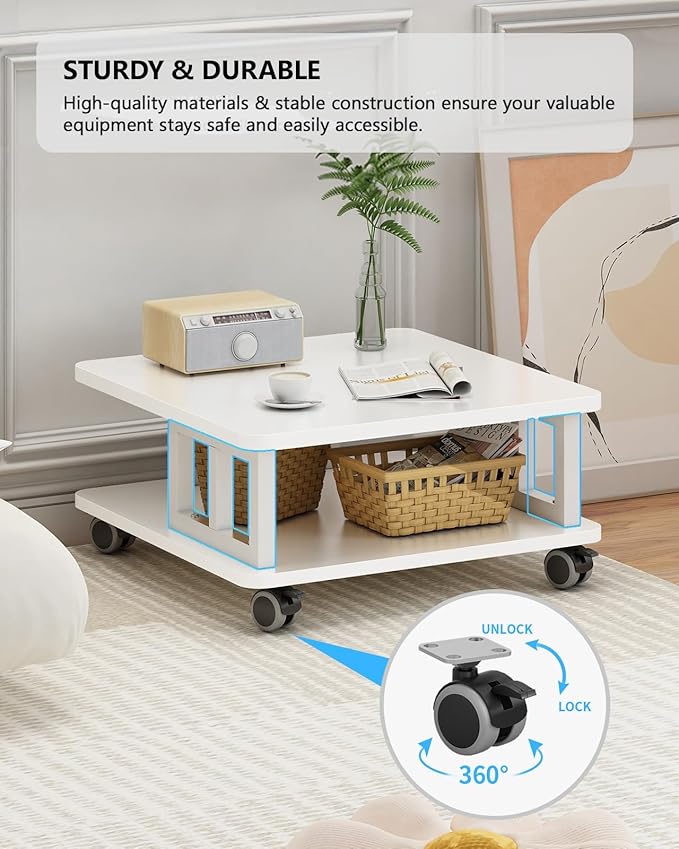 Mobile Printer Stand, 2-Tier Large Printer Shelf for Laser 3D Printer Office Machine with Storage, 23.6"x23.6" Wood Printer Cart Under Desk Rack with Wheels for Office Home Kitchen (White)