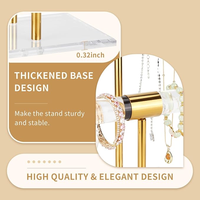 Necklace Holder Bracelet Holder, 2-Tier Acrylic Jewelry Display Stand Gold Jewelry Tower Stand Crystal T Bar Jewelry Organizer Gift for Women(2-Tier 1pc)