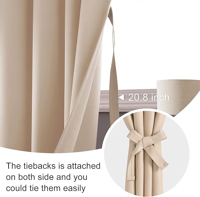 JIUZHEN Short Blackout Curtains for Small Window - Cafe Room Darkening Privacy Thermal Insulated Half Window Curtains Tiers for Bathroom,Kitchen, W 42 x L 36, Set of 2 Panels with Tiebacks, Beige