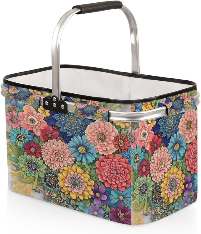 Flowers Collapsible Market Basket, Colorful Floral Leakproof Folding Collapsible Portable Picnic Basket Strong Aluminum Frame for Travel, Shopping, Camping & Lake Trips