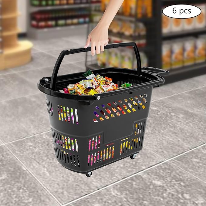 35L 6PCS Shopping Carts with Wheels and Handle, Plastic Rolling Basket, Portable Shopping Baskets Set for Supermarkets and Retail Stores