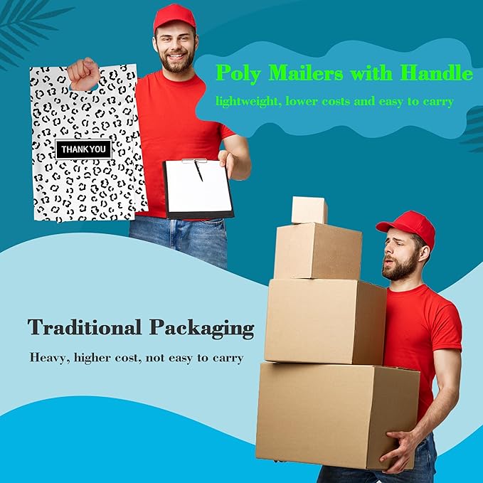JinRuiKJ Poly Mailers with Handle 10x13 Inch 25 Pcs, Easy to Carry Packaging Bags for Small Business, Thank You Shipping Bags with Self Adhesive Strip, Tearproof and Waterproof - Black leopard