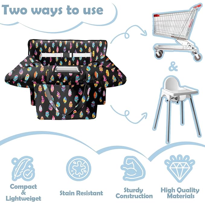 Shopping Cart Cover for Baby 2-in-1 High Chair Cover with Safety Harness Multifunctional Indian Colorful Feathers Cart Covers for Babies Soft Padded Grocery Cart Cover for Baby Boy Girl
